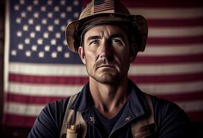 un grave trabajador hombre y americano bandera. ai generado. foto