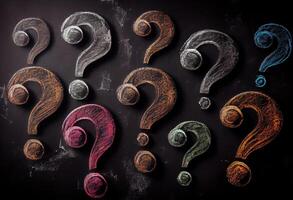 Question marks chalk drawing on blackboard background . . photo