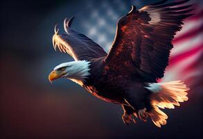 Eagle With American Flag Flies In The Sky With Blurred Bokeh And Sunlight Effect - Independence Day . . photo