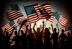 Group of People Waving American Flags in Back Lit. . photo