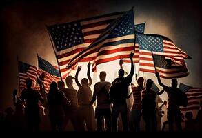 Group of People Waving American Flags in Back Lit. . photo