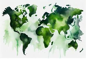 Illustrated map of the world with a isolated background. green heaven watercolor. . photo