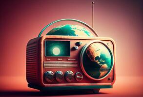 Vintage radio with planet earth. World radio day theme concept. . photo