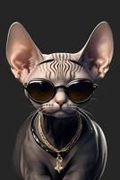 A cute cat Sphynx wearing sunglasses on black background. photo