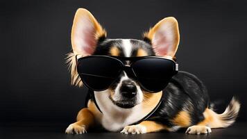 A cute chihuahua wearing sunglasses on black background. photo