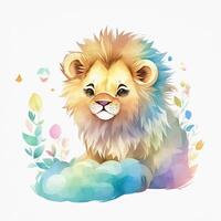 A cute illustration of a baby vintage watercolor lion. photo