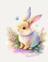 A cute illustration of a baby vintage watercolor rabbit. photo