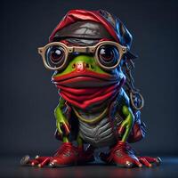 Anthropomorphic cute and adorable charming smiling pirate frog wearing glasses. . photo