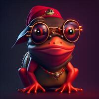 Anthropomorphic cute and adorable charming smiling pirate frog wearing glasses. . photo