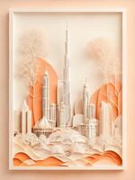 un intrincado papel Arte estilo ilustración de un Dubái, solamente burj califa. ai generado foto