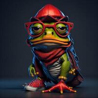 Anthropomorphic cute and adorable charming smiling pirate frog wearing glasses. . photo