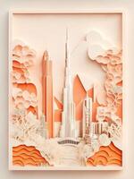 An intricate paper art style illustration of a Dubai, only Burj Khalifa. photo