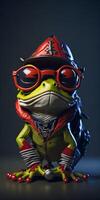 Anthropomorphic cute and adorable charming smiling pirate frog wearing glasses. . photo