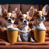 Three cute chihuahua with popcorn watching a movie in cinema. photo