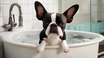 A boston terrier bathing in a sink. photo