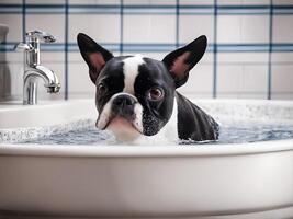 A boston terrier bathing in a sink. photo