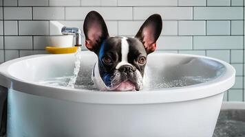 un bostón terrier baños en un hundir. ai generado foto