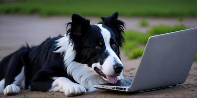A border collie looking at a laptop. photo
