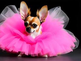 A chihuahua sitting in a tutu. photo