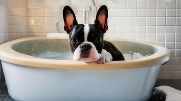 un bostón terrier baños en un hundir. ai generado foto