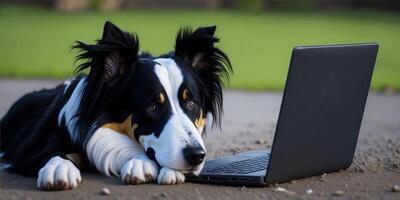 A border collie looking at a laptop. photo