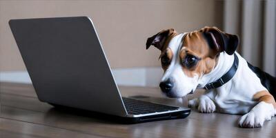 A jack russell terrier looking at a laptop. photo