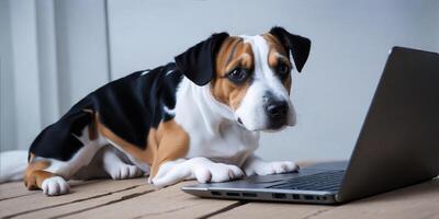 A jack russell terrier looking at a laptop. photo