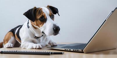 A jack russell terrier looking at a laptop. photo