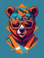 obra de arte de camiseta gráfico diseño plano diseño de uno oso en Gafas de sol. ai generado foto