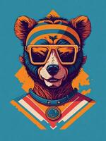 obra de arte de camiseta gráfico diseño plano diseño de uno oso en Gafas de sol. ai generado foto