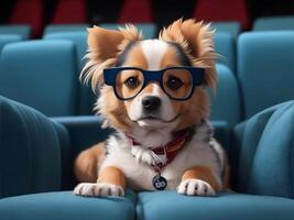 Cute dog watching a movie in cinema glasses. photo