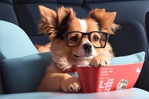 Cute dog watching a movie in cinema glasses. photo