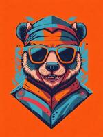 obra de arte de camiseta gráfico diseño plano diseño de uno oso en Gafas de sol. ai generado foto