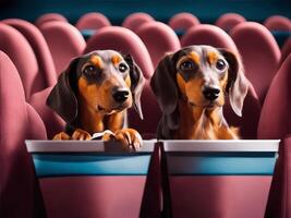 Cute dachshunds watching a movie. photo
