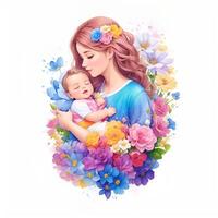 Detailed illustration of mother holding baby. . photo