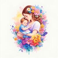 Detailed illustration of mother holding baby. . photo