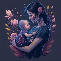 Detailed illustration of mother holding baby. . photo