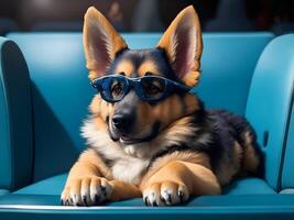 Cute shepherd dog watching a movie in cinema glasses. photo