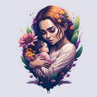 Detailed illustration of mother holding baby. . photo