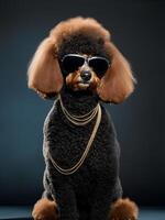 Poodle with sunglasses on dark background. photo