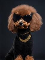 Poodle with sunglasses on dark background. photo