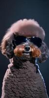 Poodle with sunglasses on dark background. photo