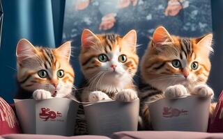 Three cute cat in sunglasses watching a movie with popcorn. photo