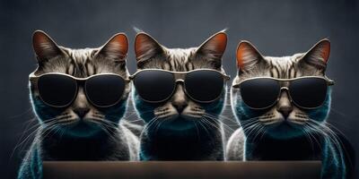 Three cats with sunglasses on dark background. photo