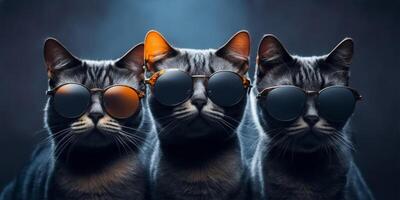 Tres gatos con Gafas de sol en oscuro antecedentes. ai generado foto