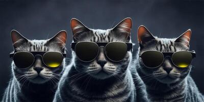 Tres gatos con Gafas de sol en oscuro antecedentes. ai generado foto