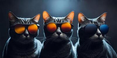 Three cats with sunglasses on dark background. photo