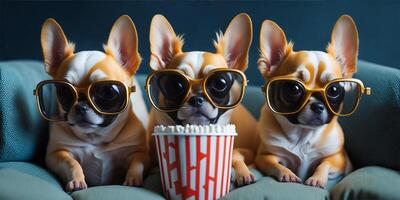 Three cute chihuahua with popcorn watching a movie in cinema. photo