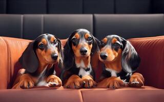 Three cute dachshunds watching a movie with popcorn on cinema. photo