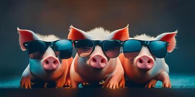 Three pig with sunglasses on dark background. photo